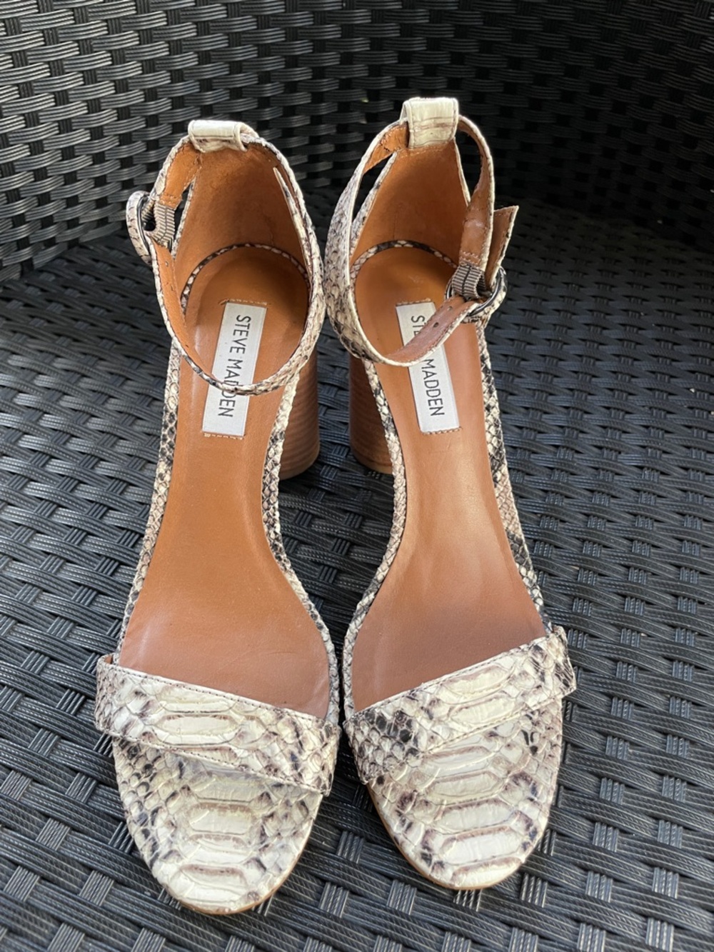 Steve Madden Neutral Snake-Print Ankle Strap Block Heels